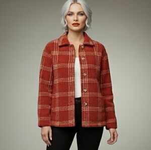 Vtg 90s NY & Co red white plaid teddy fleece blanket flannel shacket L/XL NWOT